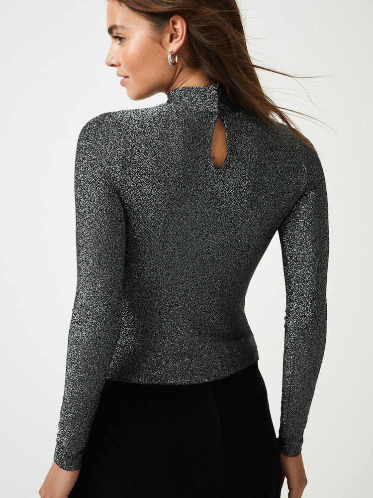 Silber - Glitzerndes Jacquard-Top mit hohem Kragen - Bild 2 von 5