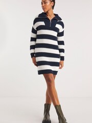 Simply Be Blue Stripe Zip Neck Rib Knitted Dress - Image 1 of 4
