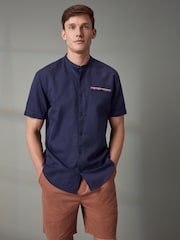 Blue Grandad Collar Regular Fit Trimmed Linen Blend Short Sleeve Shirt - Image 3 of 9