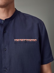 Blue Grandad Collar Regular Fit Trimmed Linen Blend Short Sleeve Shirt - Image 5 of 9