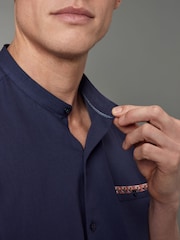 Blue Grandad Collar Regular Fit Trimmed Linen Blend Short Sleeve Shirt - Image 6 of 9