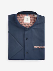 Blue Grandad Collar Regular Fit Trimmed Linen Blend Short Sleeve Shirt - Image 7 of 9