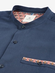 Blue Grandad Collar Regular Fit Trimmed Linen Blend Short Sleeve Shirt - Image 8 of 9