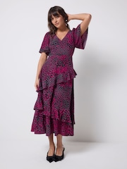 SCAMP & DUDE Grey Leopard Ray Midi Dress With Ruffle Detail - Image 1 of 6