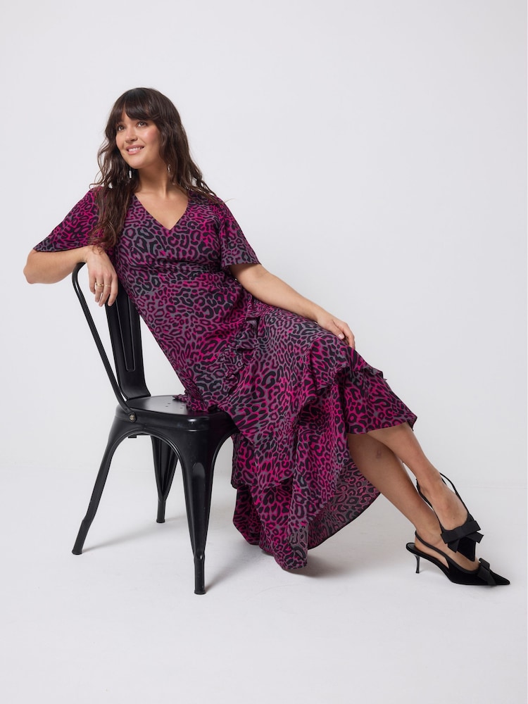 SCAMP & DUDE Grey Leopard Ray Midi Dress With Ruffle Detail - Image 2 of 6