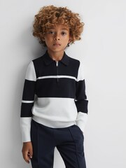 Reiss Navy/White Tokyo Junior Slim Fit Half-Zip Long Sleeve Polo Shirt - Image 1 of 6