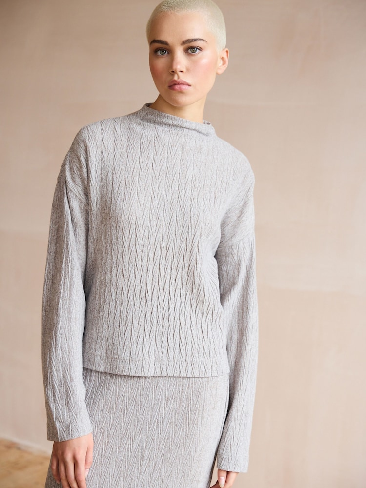 Neutral Plisse Textured Soft Touch Cosy Long Sleeve High Neck Top - Image 1 of 6 Neutral Plisse Textured Soft Touch Cosy Long Sleeve High Neck Top - Image 1 of 6