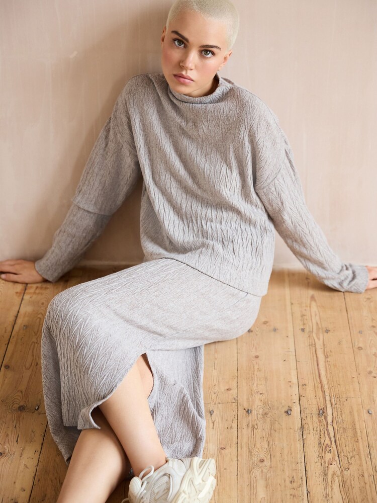 Neutral Plisse Textured Soft Touch Cosy Long Sleeve High Neck Top - Image 2 of 6 Neutral Plisse Textured Soft Touch Cosy Long Sleeve High Neck Top - Image 2 of 6