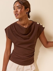 Friends Like These Chocolate Brown Button Shoulder Cowl Neck Top - Image 1 of 5