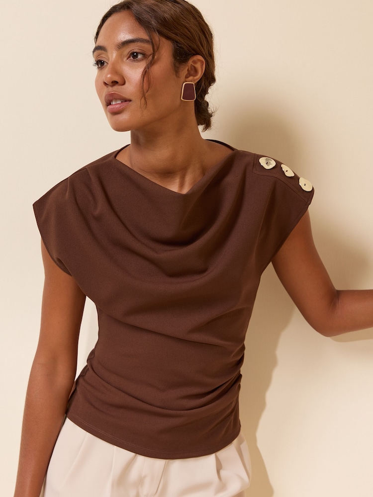 Friends Like These Chocolate Brown Button Shoulder Cowl Neck Top - Image 1 of 5