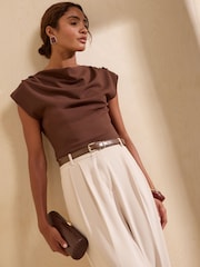 Friends Like These Chocolate Brown Button Shoulder Cowl Neck Top - Image 4 of 5