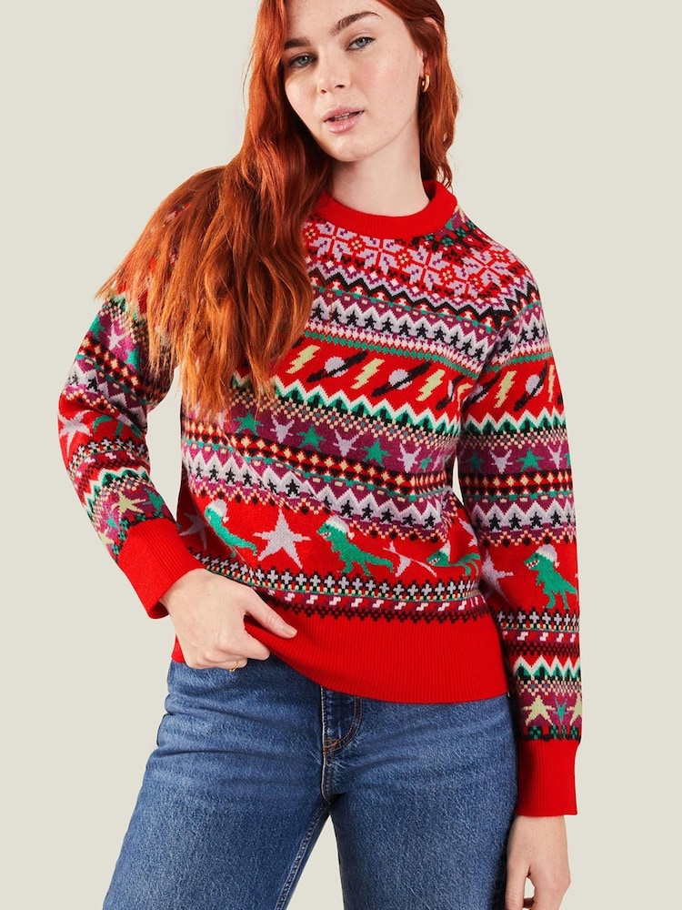 Accessorize Red Christmas Dinosaur Knit Jumper - Image 1 of 3