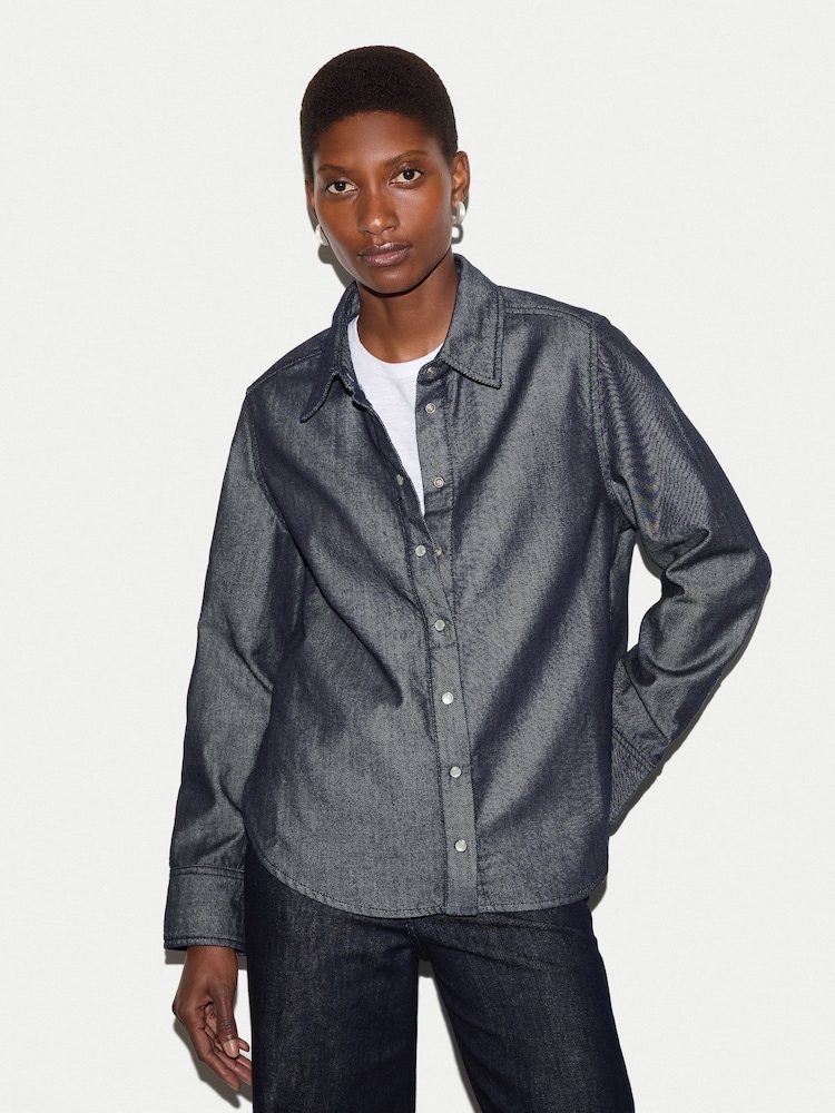 Jigsaw Blue Washed Denim Button Down Shirt - Image 1 of 4 Jigsaw Blue Washed Denim Button Down Shirt - Image 1 of 4