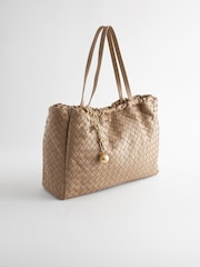 Taupe Brown Weave Shoulder Bag With Orb Keyring - Image 1 of 5