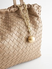 Taupe Brown Weave Shoulder Bag With Orb Keyring - Image 3 of 5