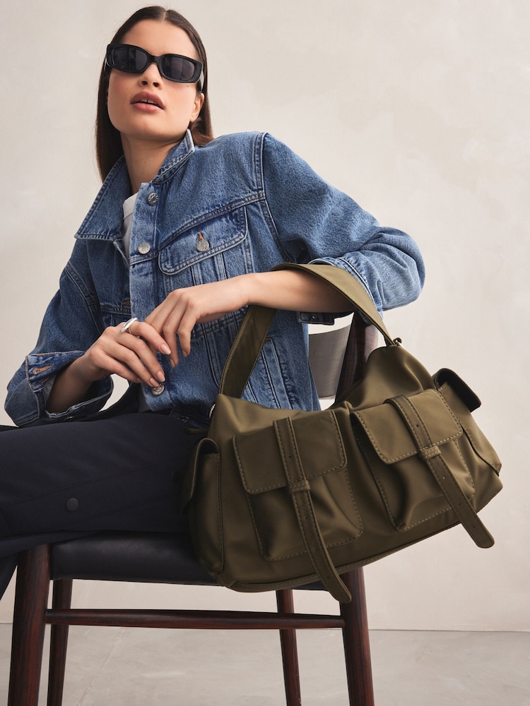 Khakigrün - Utility-Schultertasche aus Satin - Bild 1 von 8