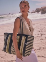 Lime Green Straw Lime Stripe Shopper Bag - Image 1 of 8