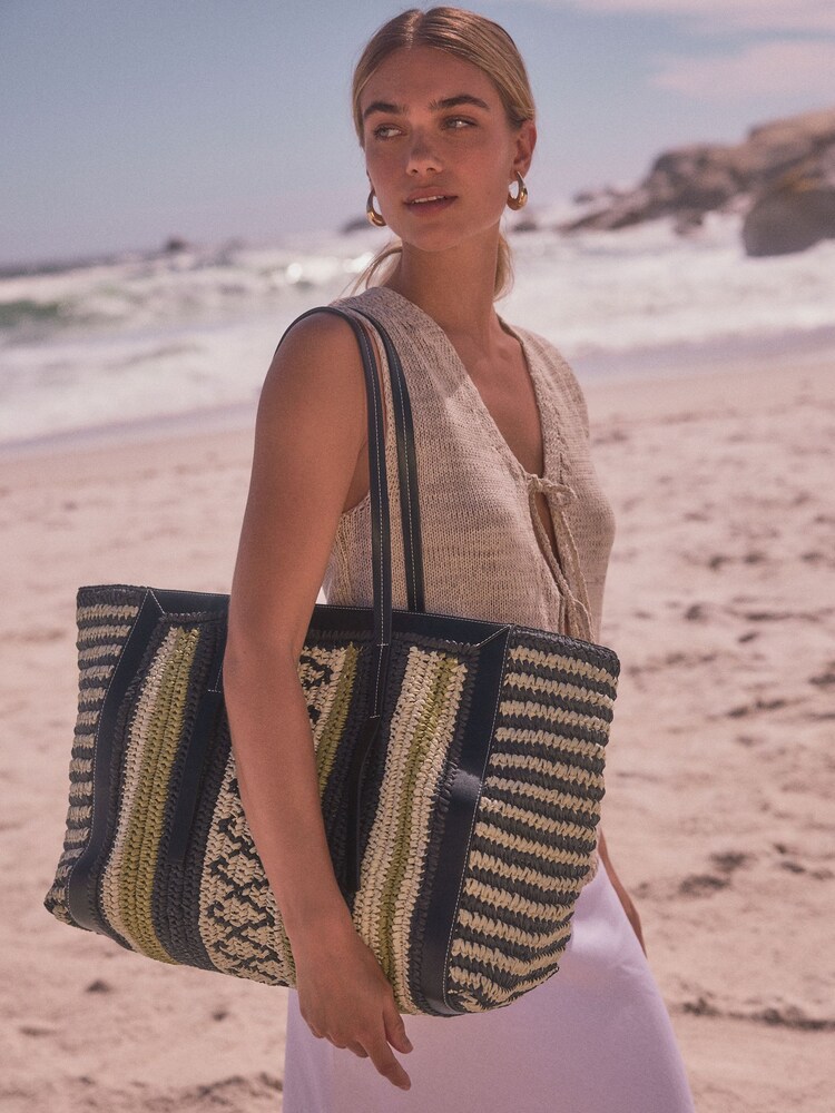 Lime Green Straw Lime Stripe Shopper Bag - Image 1 of 8