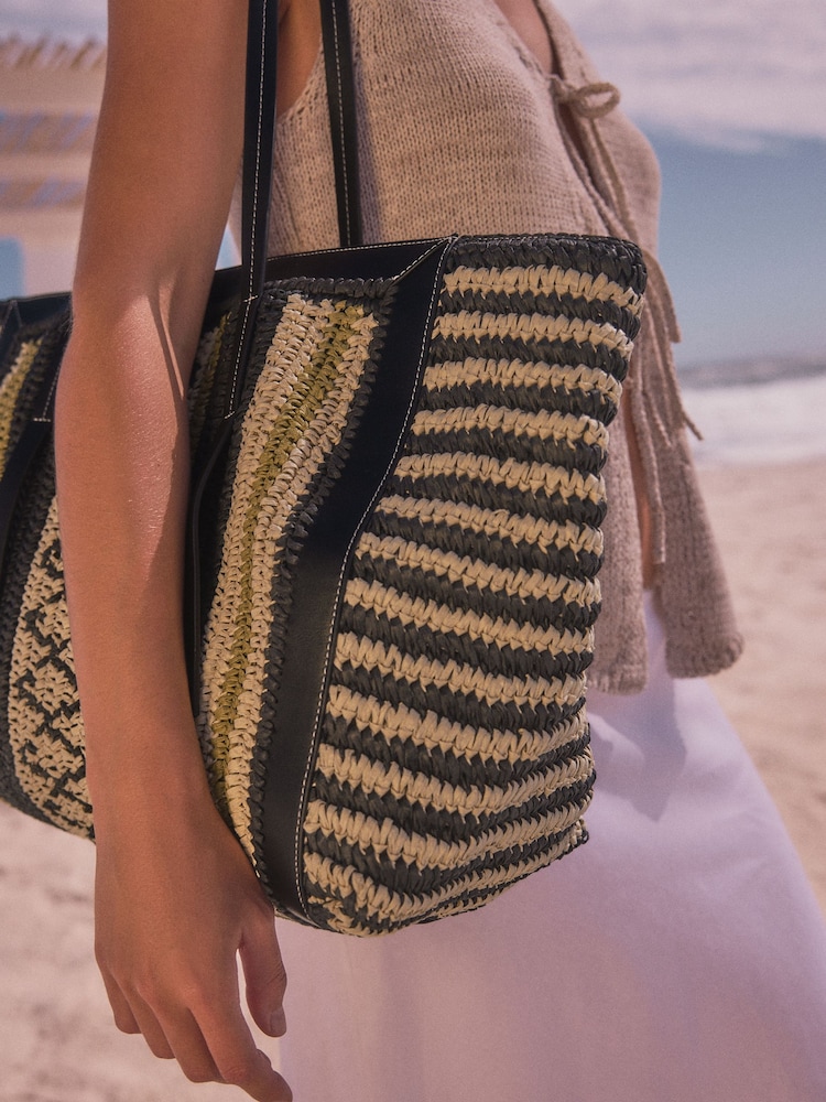 Lime Green Straw Lime Stripe Shopper Bag - Image 3 of 8