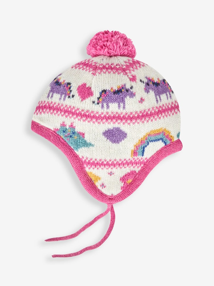 JoJo Maman Bébé Pink Unicorn Fair Isle Pattern Hat - Image 1 of 2