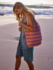 Pink Stripe Straw Shoulder Bag - Image 1 of 9