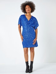 Dusk Blue Sequin Embellished Wrap Dress - Image 1 of 5