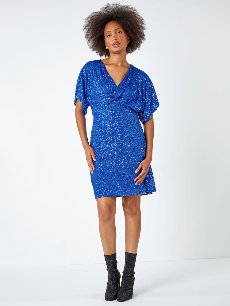 Dusk Blue Sequin Embellished Wrap Dress - Image 1 of 5