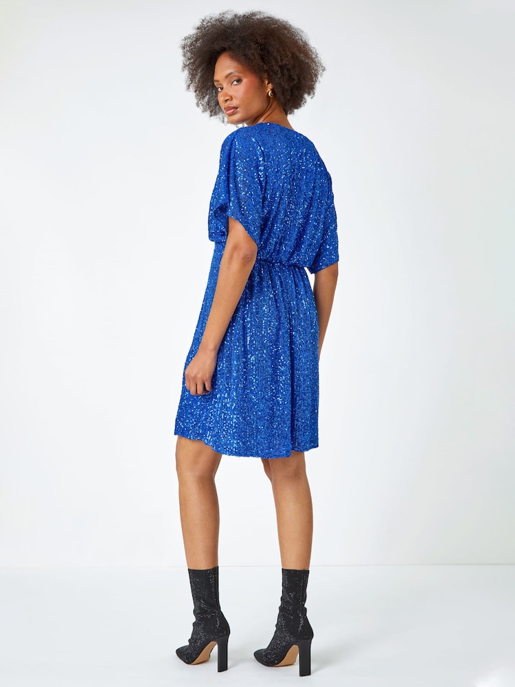 Dusk Blue Sequin Embellished Wrap Dress - Image 2 of 5
