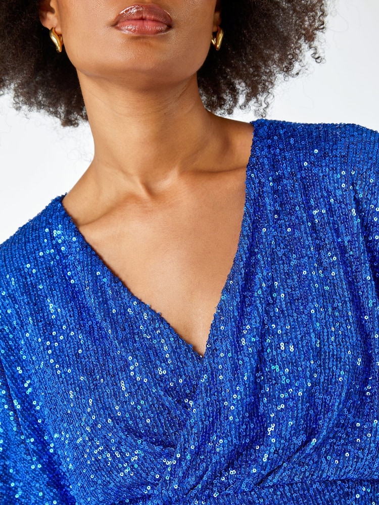 Dusk Blue Sequin Embellished Wrap Dress - Image 5 of 5