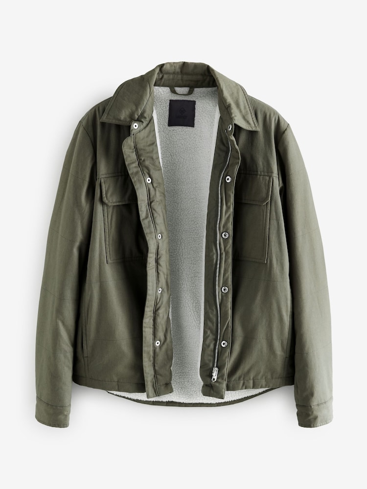 Khaki Green Borg Lined Collared Shacket - Image 1 of 11