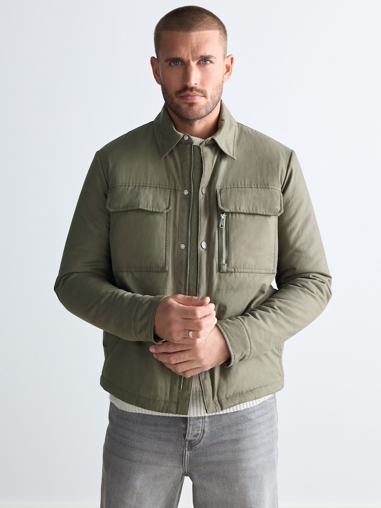 Khaki Green Borg Lined Collared Shacket - Image 2 of 11