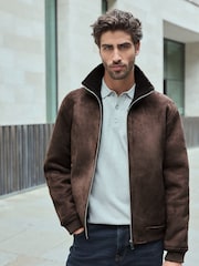 Brown Faux Suede Borg Lined Zip Up Funnel Jacket - Image 1 of 11