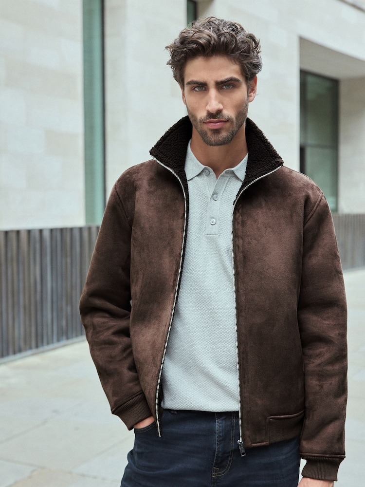 Brown Faux Suede Borg Lined Zip Up Funnel Jacket - Image 1 of 11