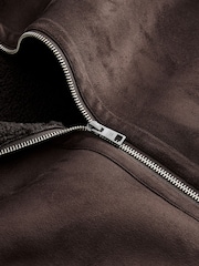 Brown Faux Suede Borg Lined Zip Up Funnel Jacket - Image 11 of 11