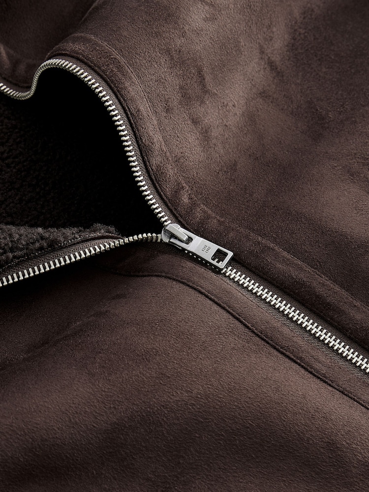 Brown Faux Suede Borg Lined Zip Up Funnel Jacket - Image 11 of 11