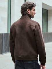 Brown Faux Suede Borg Lined Zip Up Funnel Jacket - Image 3 of 11