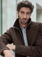 Brown Faux Suede Borg Lined Zip Up Funnel Jacket - Image 4 of 11