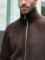 Brown Faux Suede Borg Lined Zip Up Funnel Jacket - Image 5 of 11