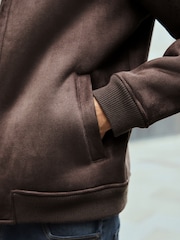 Brown Faux Suede Borg Lined Zip Up Funnel Jacket - Image 6 of 11