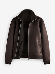 Brown Faux Suede Borg Lined Zip Up Funnel Jacket - Image 8 of 11