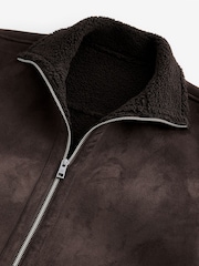 Brown Faux Suede Borg Lined Zip Up Funnel Jacket - Image 9 of 11