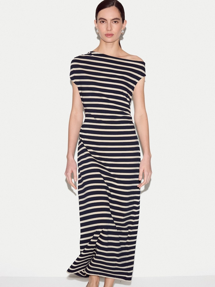 Jigsaw Blue Stripe Asymmetric Neck Dress - Image 2 of 5