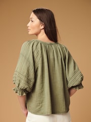 Khakigrün - Baumwollbluse mit V-Ausschnitt und Waschung (100%) - Bild 3 von 6