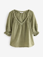 Khakigrün - Baumwollbluse mit V-Ausschnitt und Waschung (100%) - Bild 5 von 6