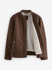 Brown Faux Suede Borg Lined Biker Jacket - Image 1 of 13