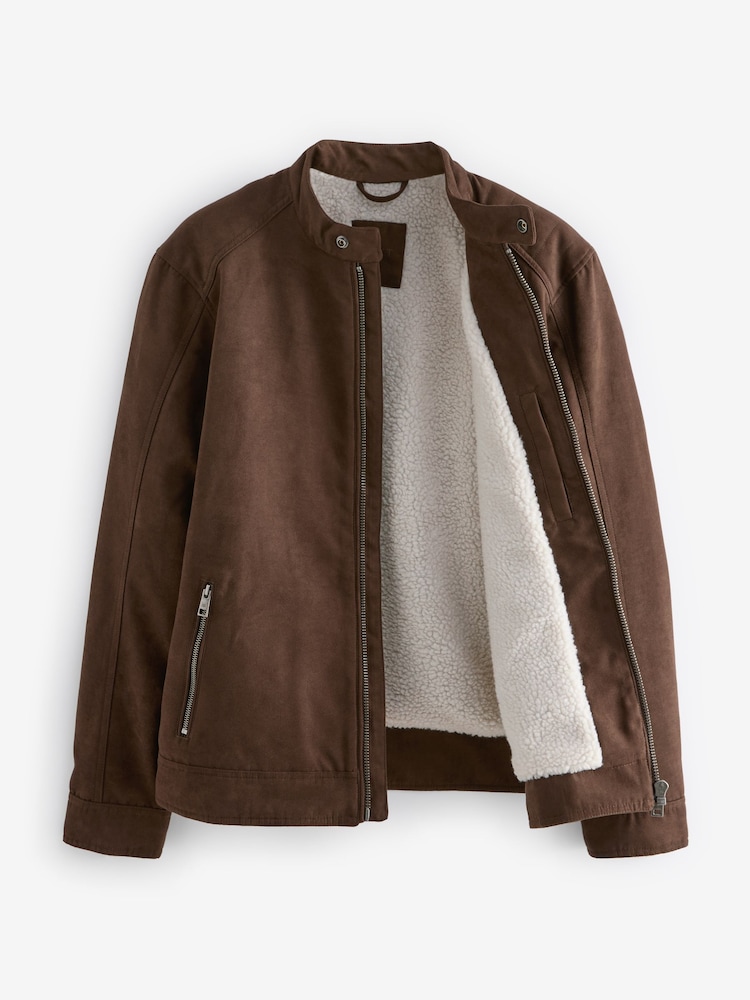 Brown Faux Suede Borg Lined Biker Jacket - Image 1 of 13