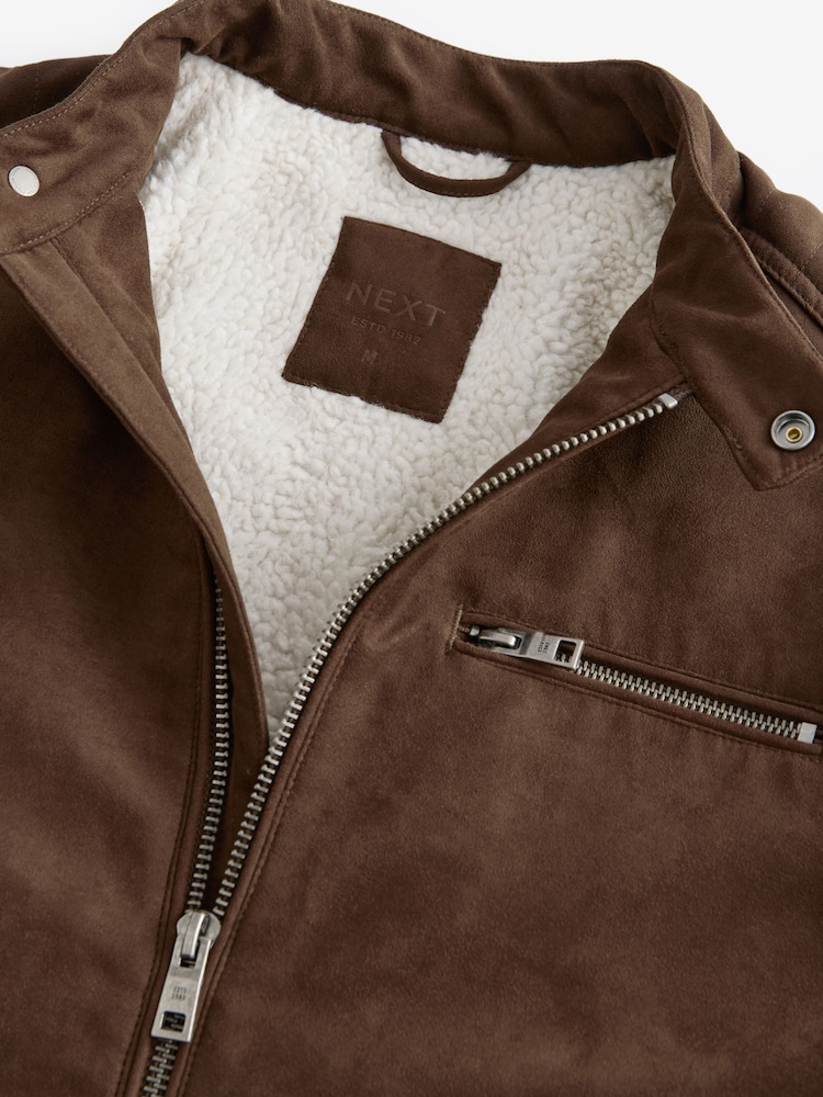 Brown Faux Suede Borg Lined Biker Jacket - Image 10 of 13
