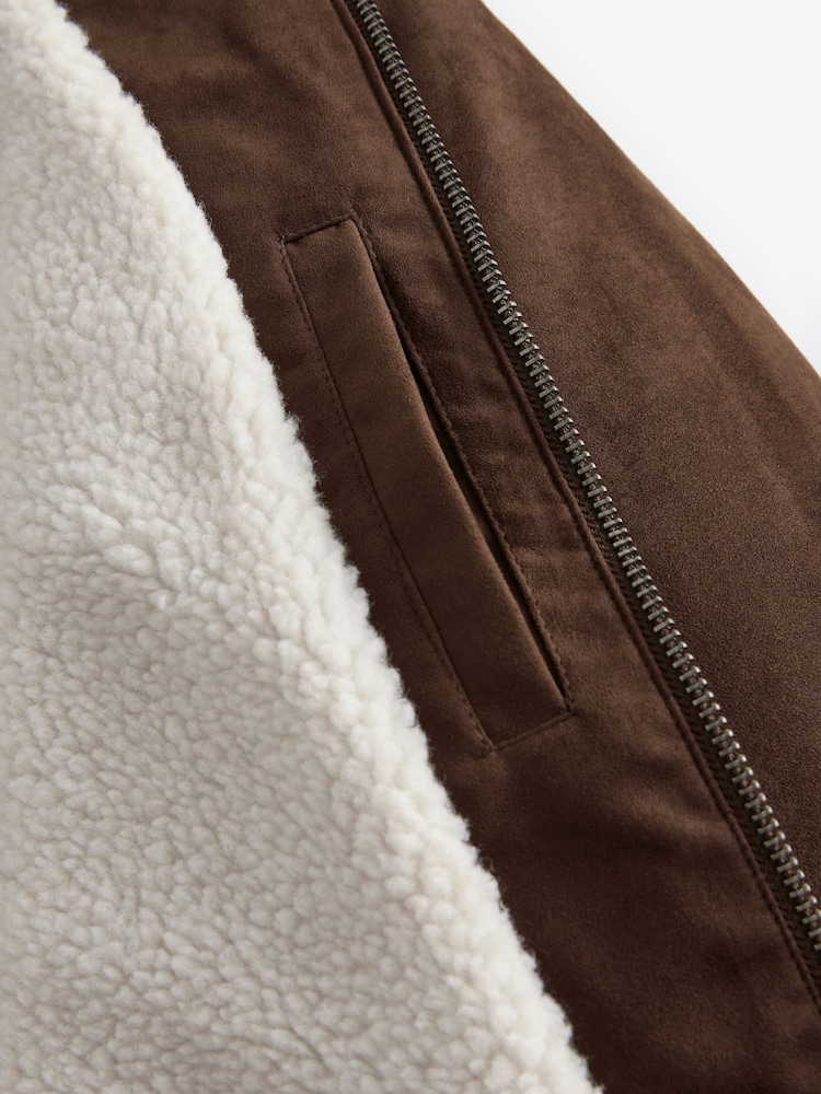 Brown Faux Suede Borg Lined Biker Jacket - Image 11 of 13