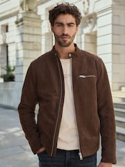 Brown Faux Suede Borg Lined Biker Jacket - Image 2 of 13