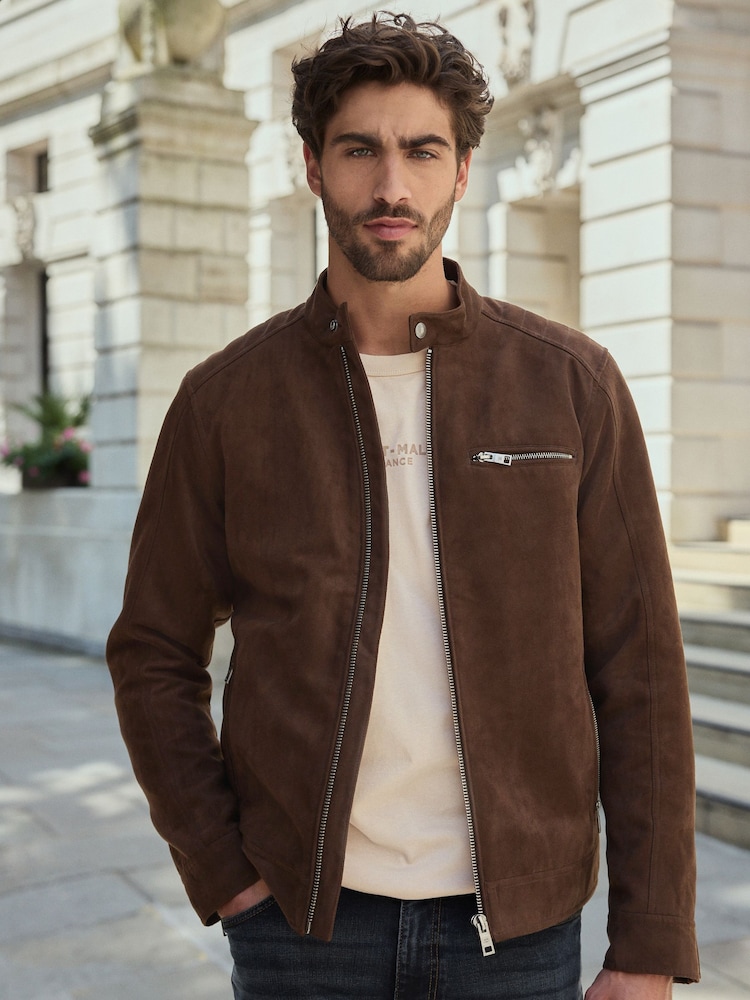 Brown Faux Suede Borg Lined Biker Jacket - Image 2 of 13